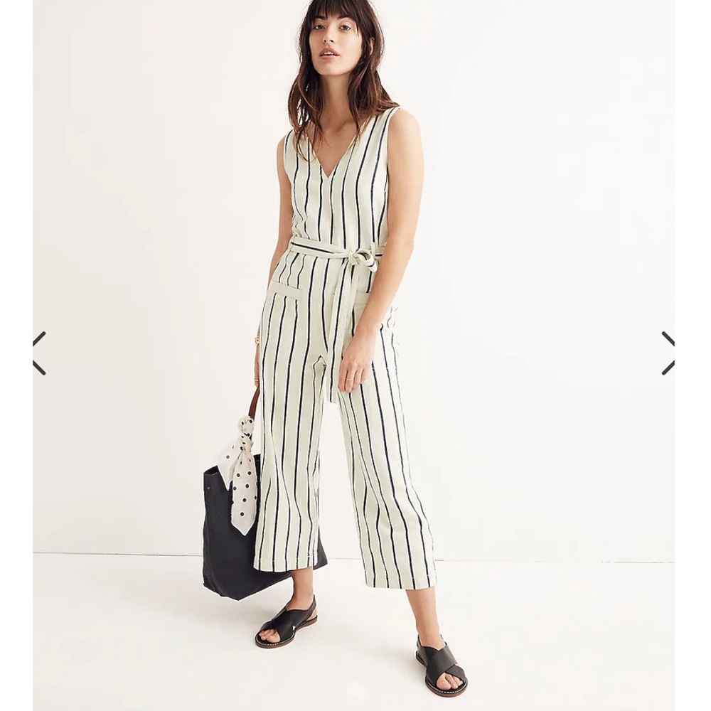Madewell Cream + Navy Striped Pull-On Belted Jumpsuit